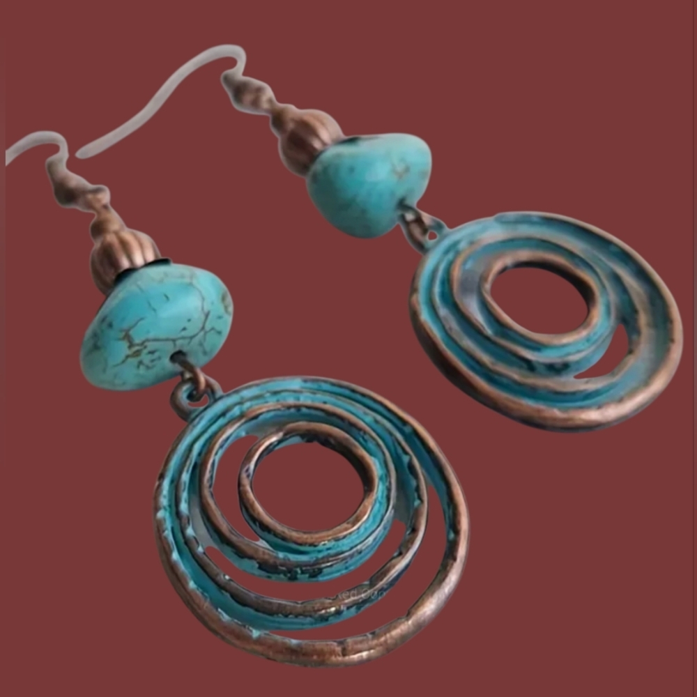 Turquoise Blue Copper Spiral Drop Earrings #407 - Picture 3 of 4